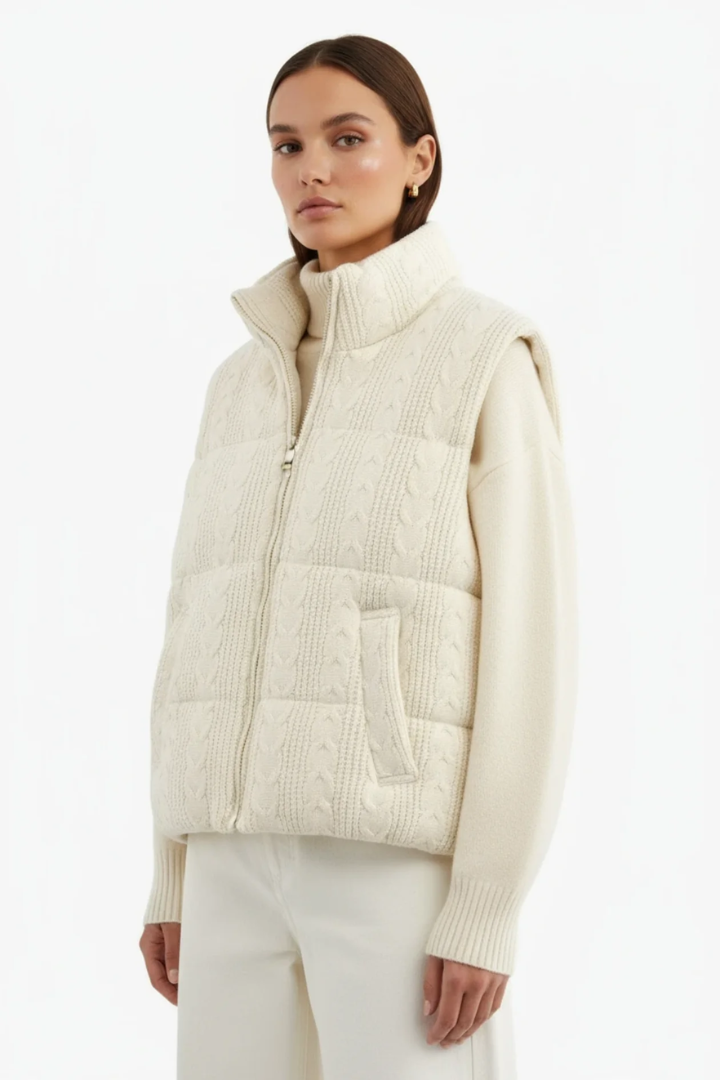 Margo & Main – cream cable-knit quilted puffer vest neckline and sleeve detail, US women's sizes