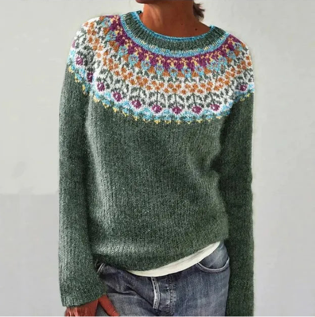 Margo & Main – gray Nordic yoke marled pullover sweater green Nordic yoke view, US women's sizes