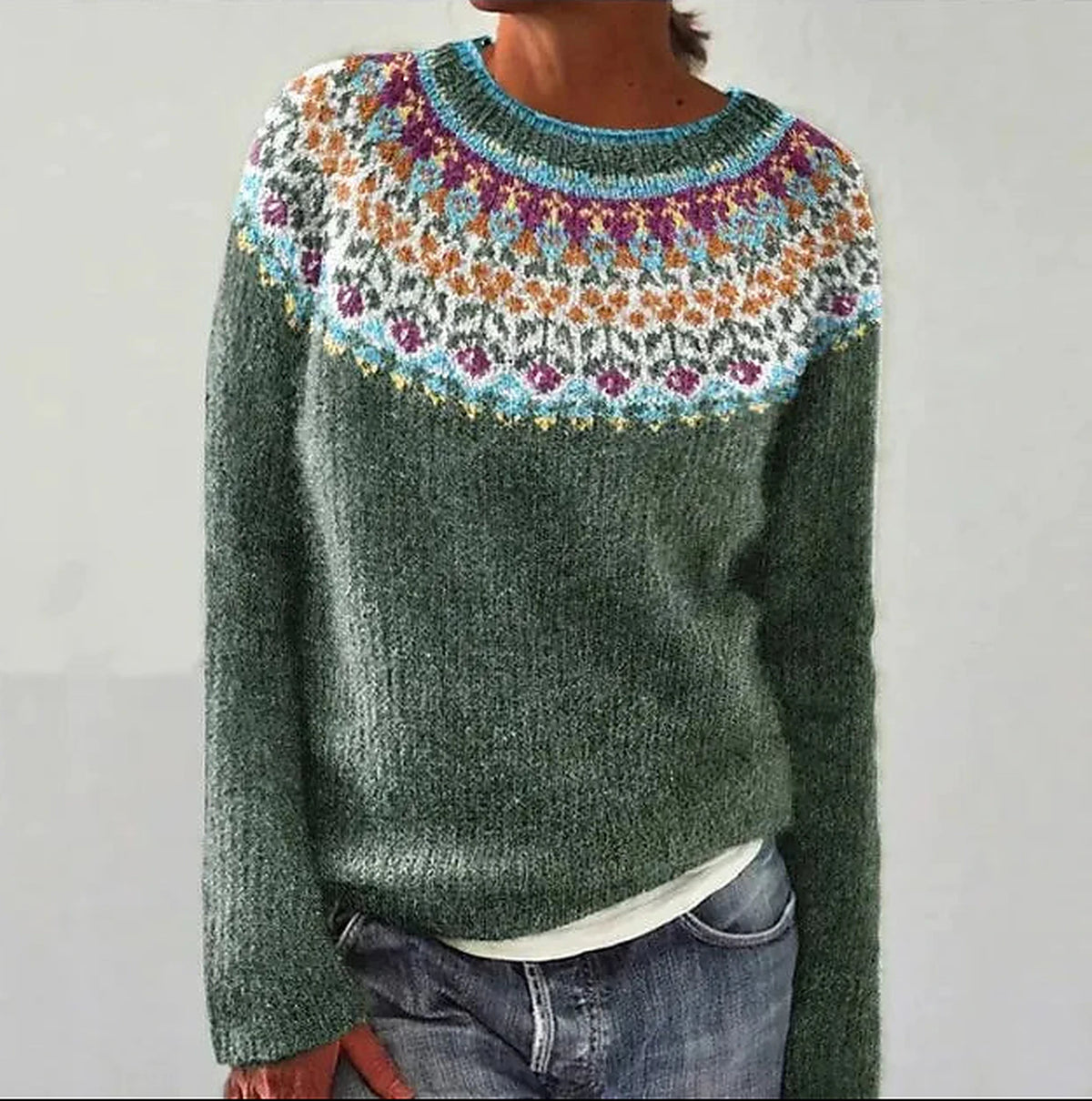 Margo & Main – gray Nordic yoke marled pullover sweater green Nordic yoke view, US women's sizes