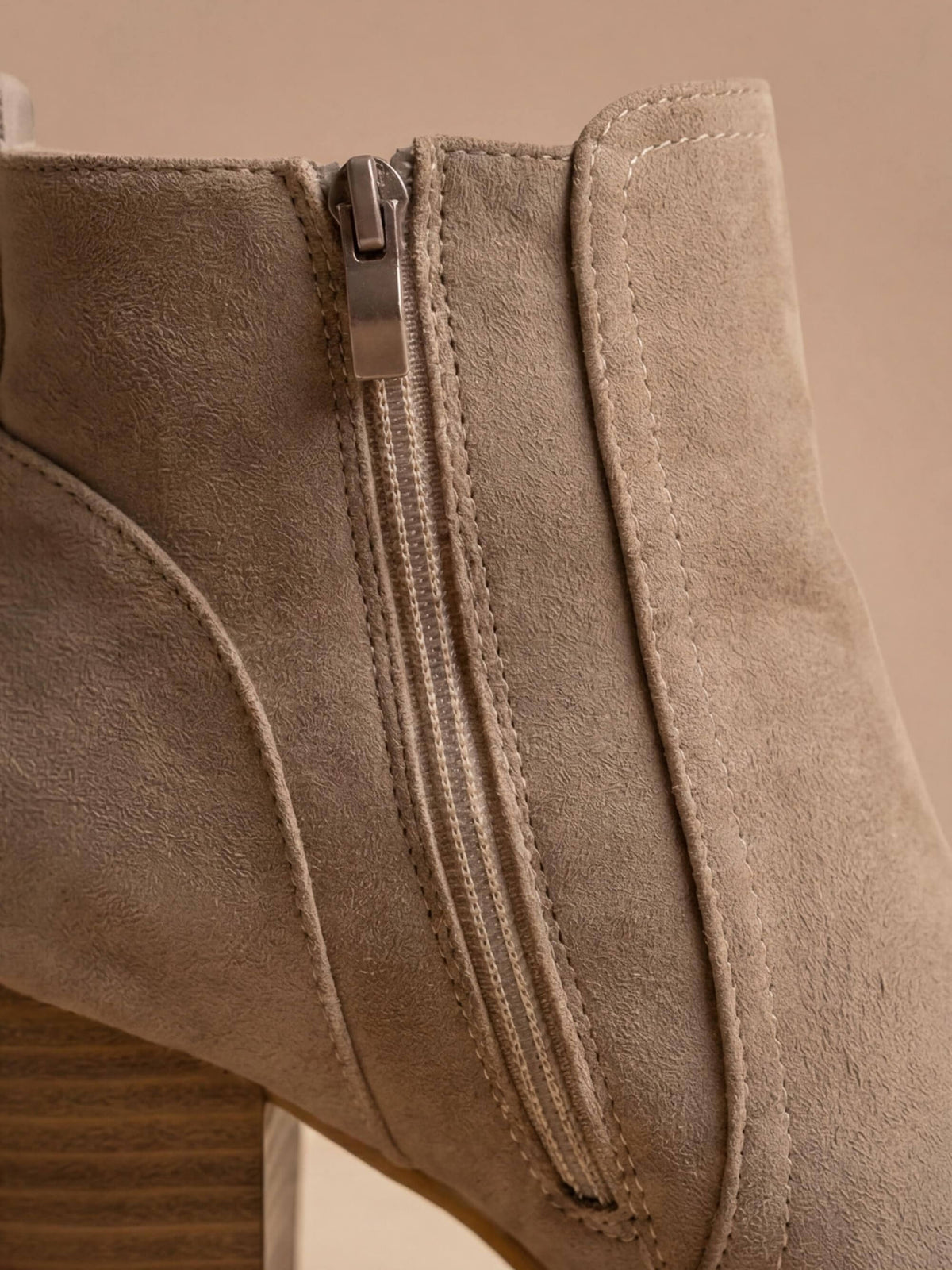 Margo & Main – Beige suede block heel ankle boots side zip close-up, US women's sizes