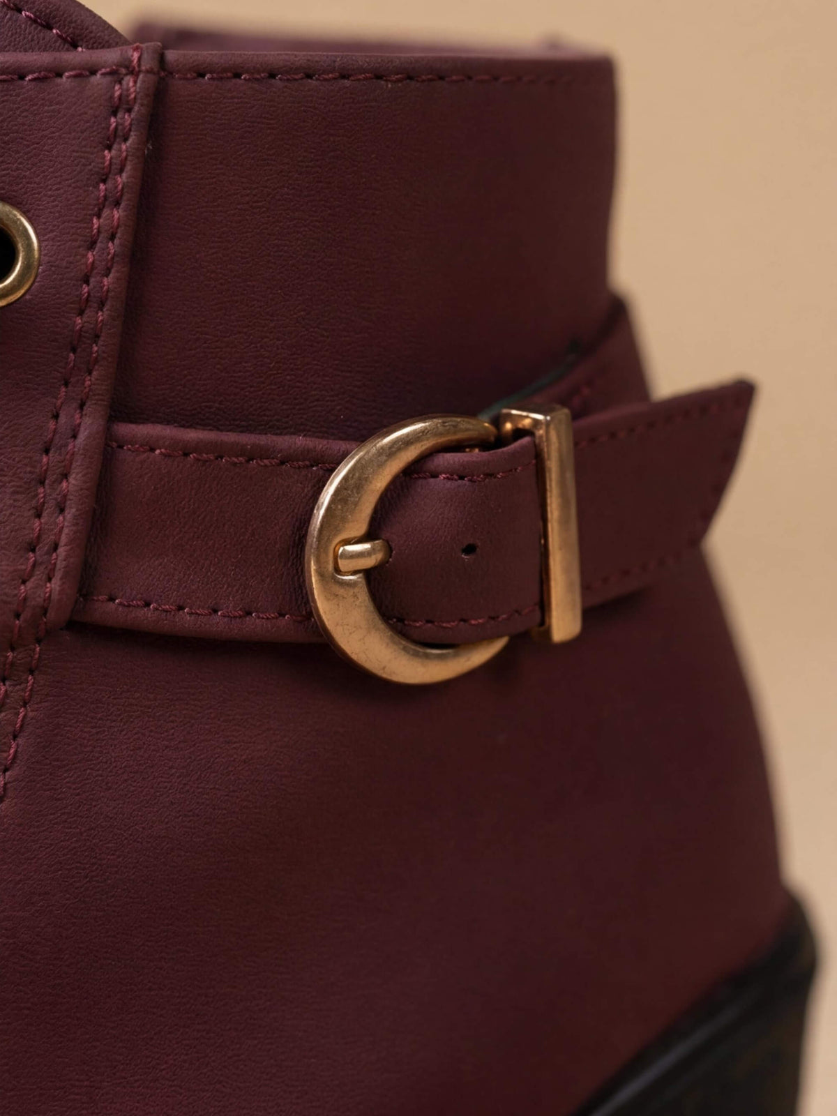 Margo & Main – Burgundy lace-up lug sole ankle boots buckle strap close-up, US women's sizes