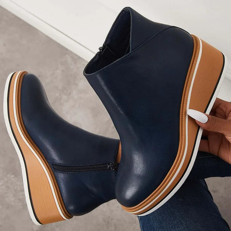 Margo & Main – Navy wedge platform ankle boots, side zip and striped sole, US women's sizes