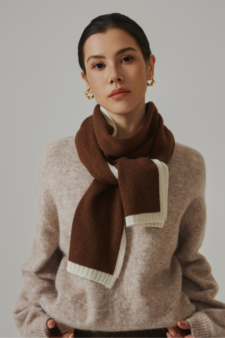 Margo & Main - warm brown wool scarf with ivory border, front view knotted at the neck, one size