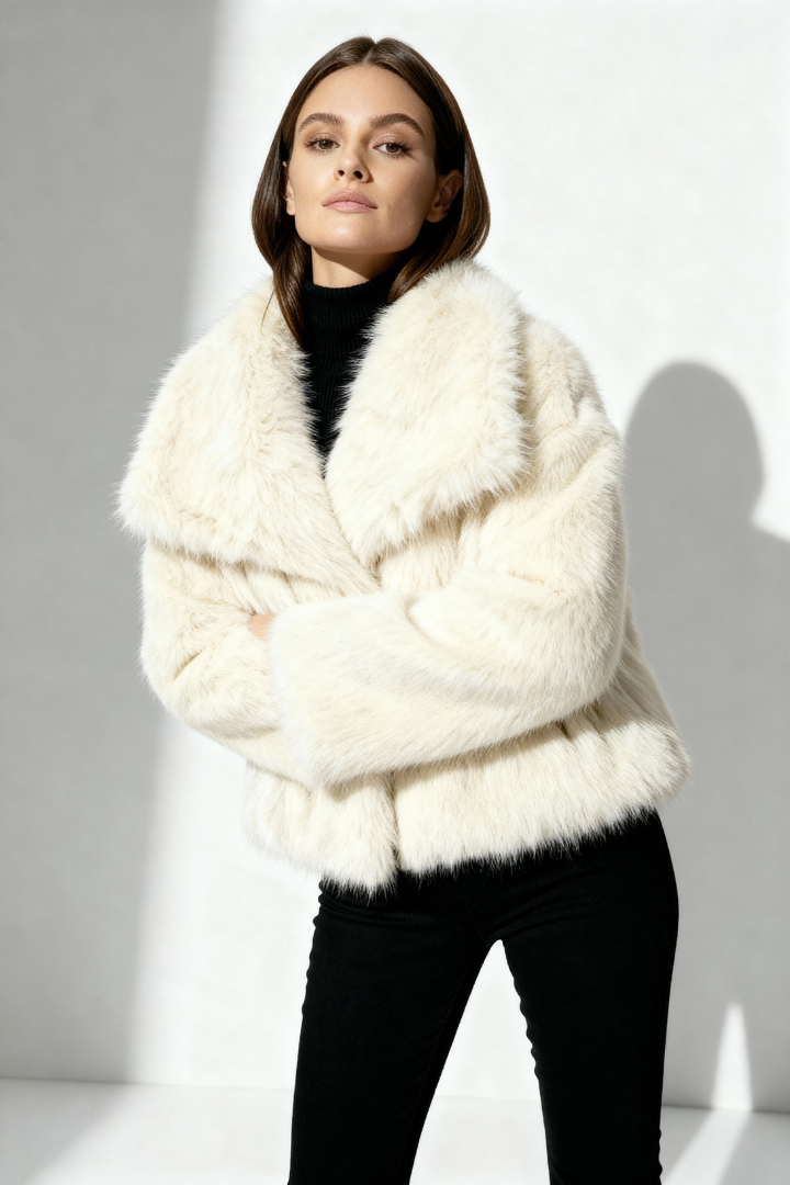 Margo & Main – Ebba ivory faux fur wide collar short coat, front view worn closed with arms crossed, US women's sizes