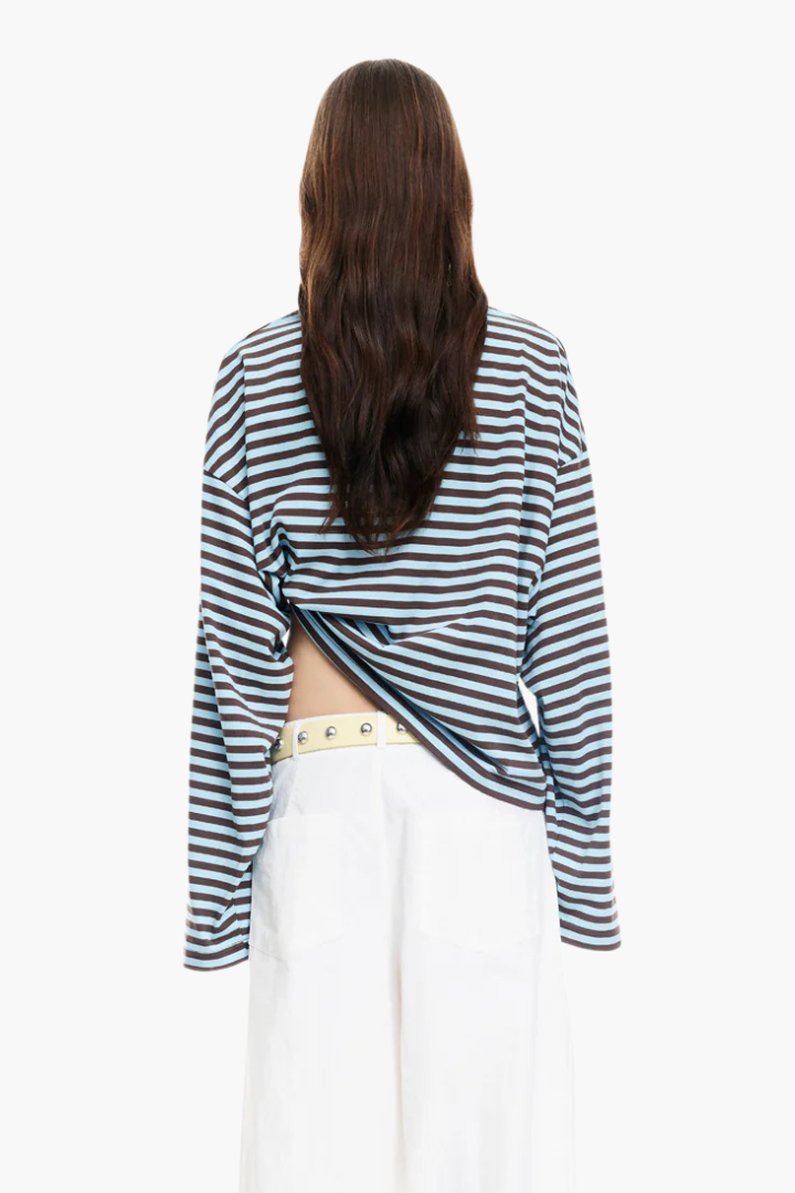Margo & Main – blue striped boxy long sleeve knit top styled full length view, US women's sizes