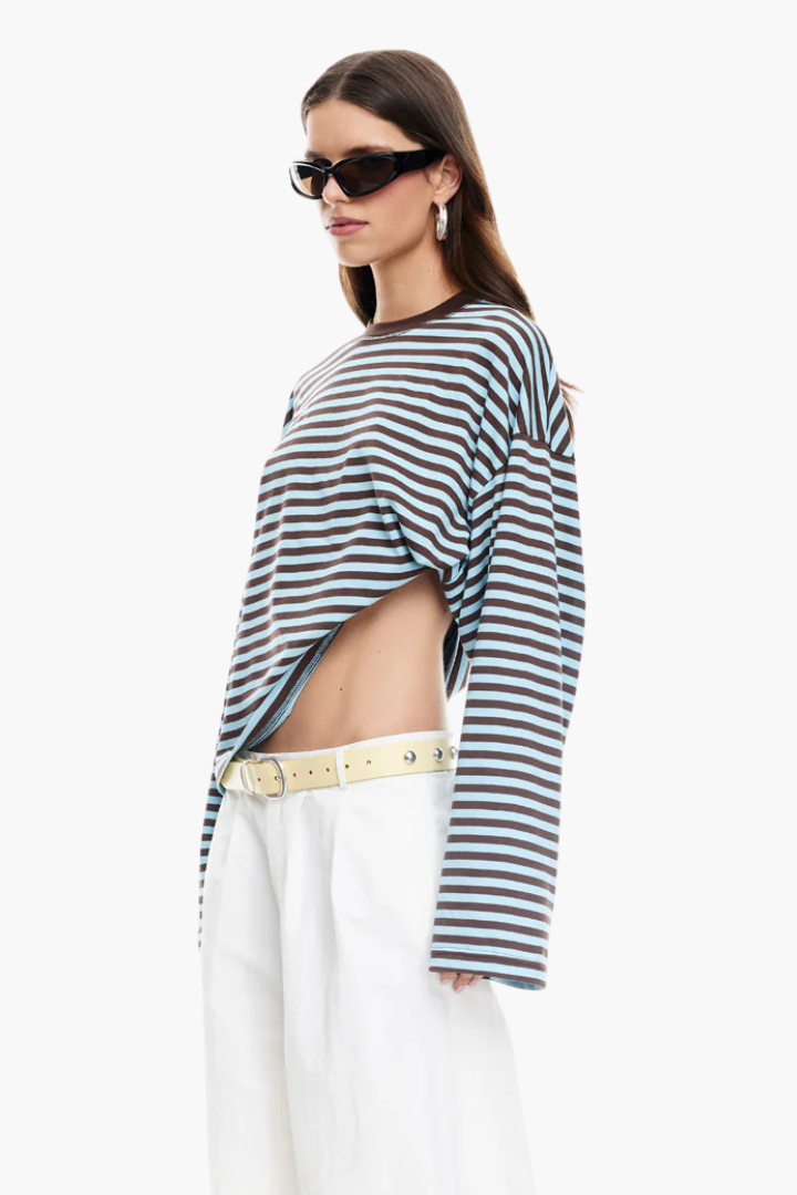 Margo & Main – striped boxy long sleeve knit top, fabric detail, US women's sizes