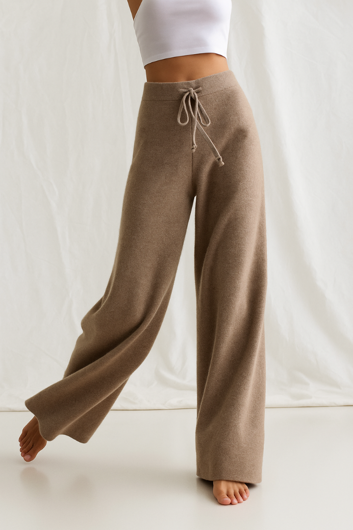 Margo & Main – Brown wide-leg knit pants worn on model, walking side view, US women's sizes