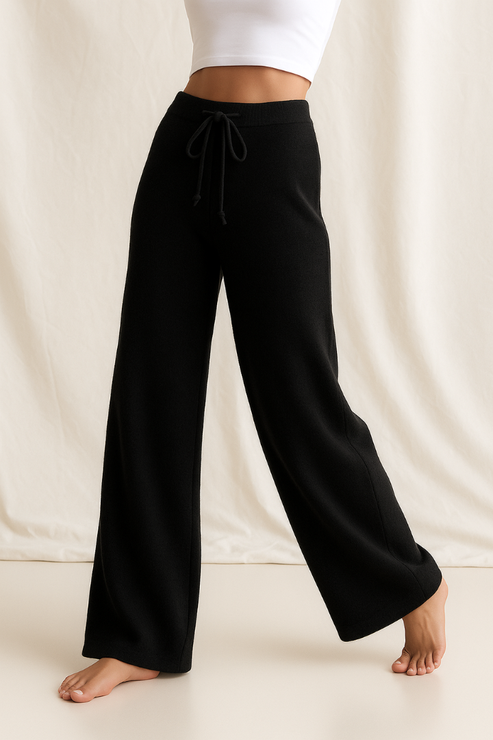 Margo & Main – Black wide-leg knit pants worn on model, straight front view, US women's sizes