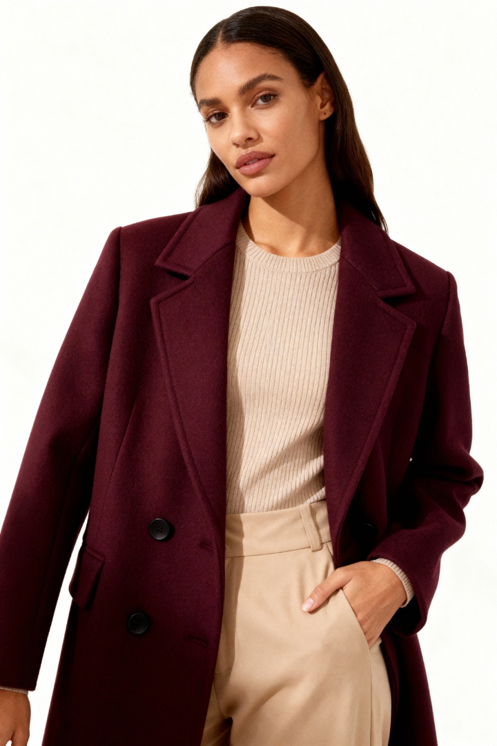 Margo & Main – Esme burgundy double-breasted longline wool coat, waist-up front view with hand in pocket, US women's sizes