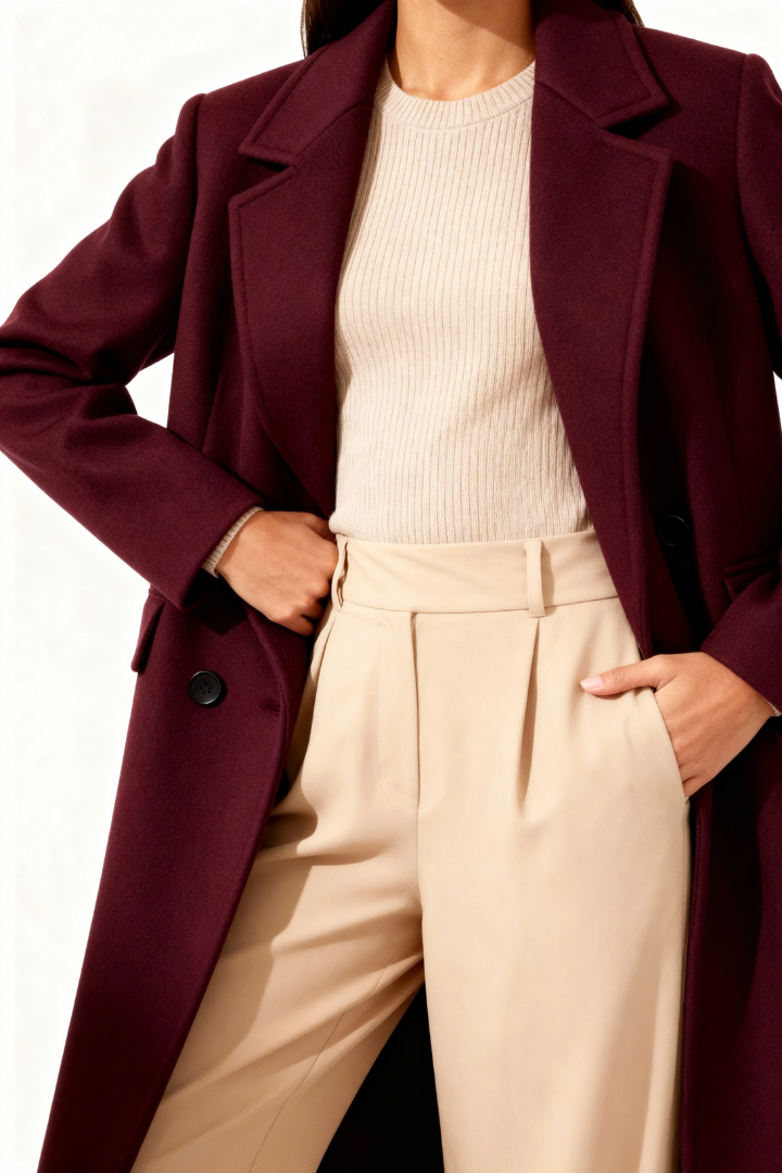 Margo & Main – Esme burgundy double-breasted longline wool coat, cropped torso view styled with cream wide-leg trousers, US women's sizes