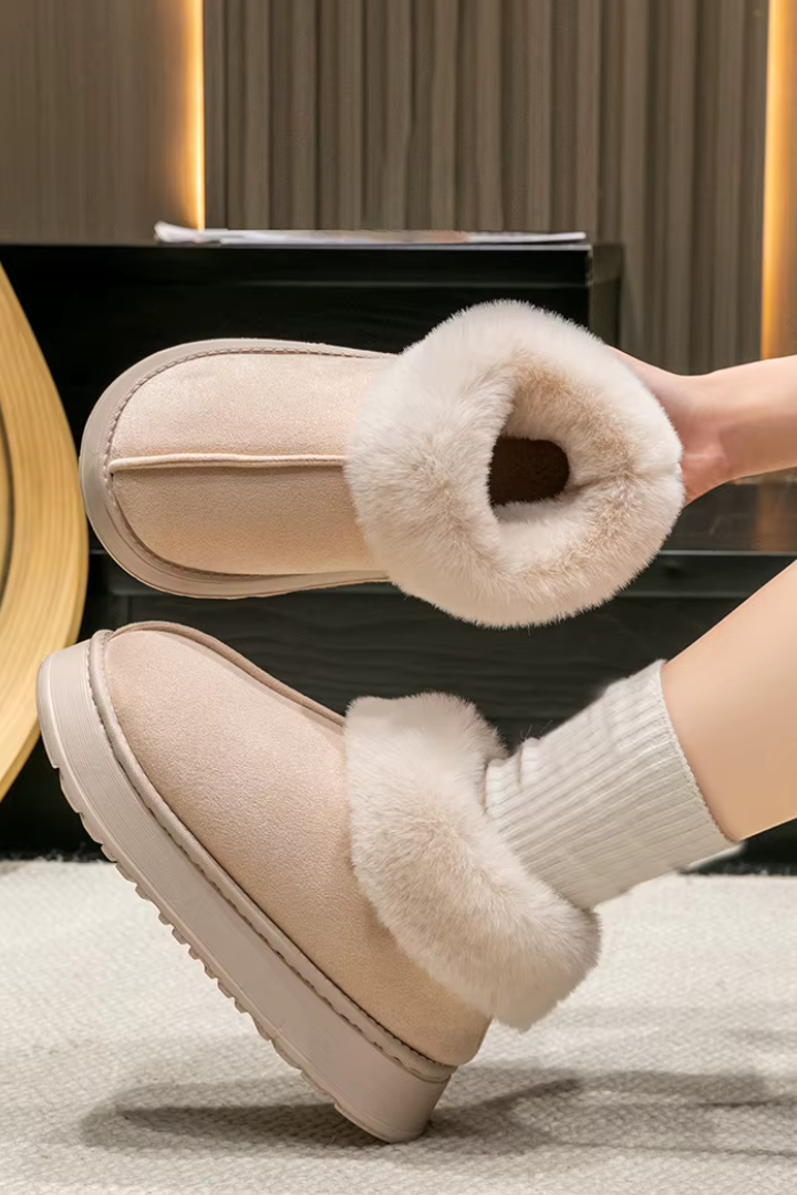 Margo & Main – Cream slipper booties worn at home on a rug, styled view, US women's sizes