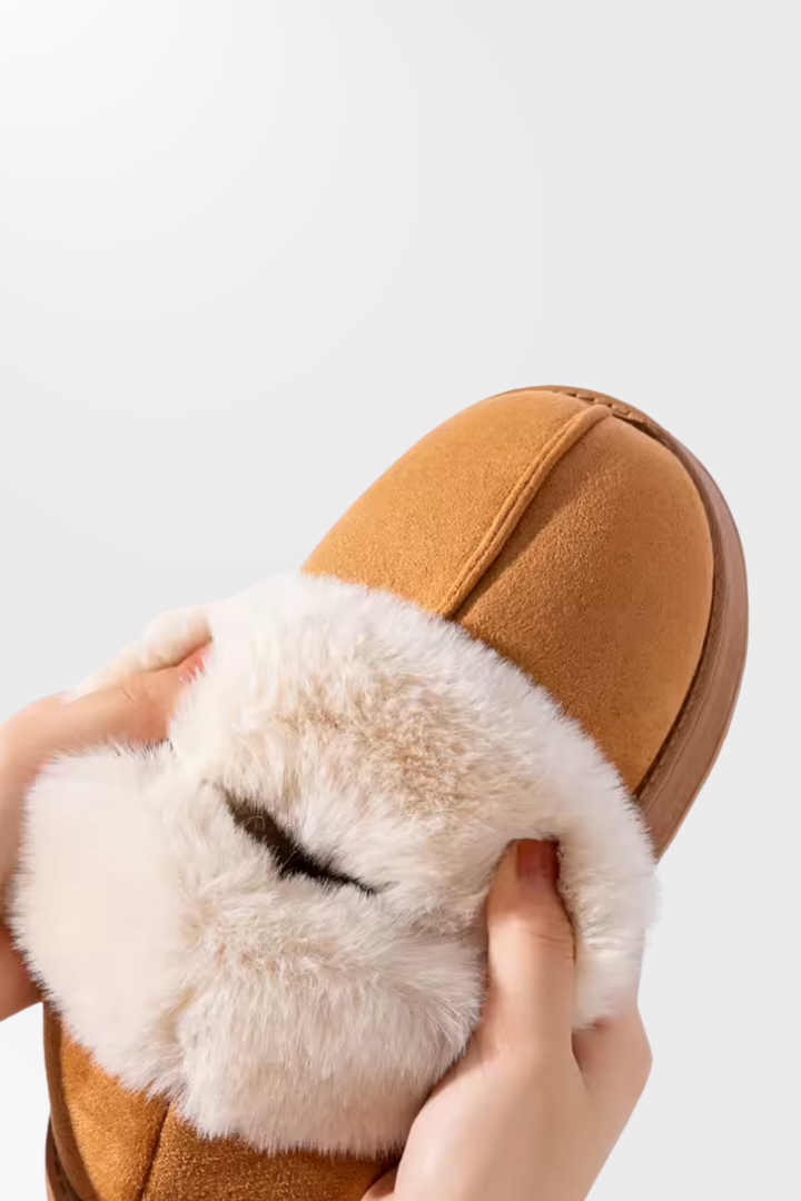 Margo & Main – Chestnut slipper booties with the fur collar folded down, US women's sizes