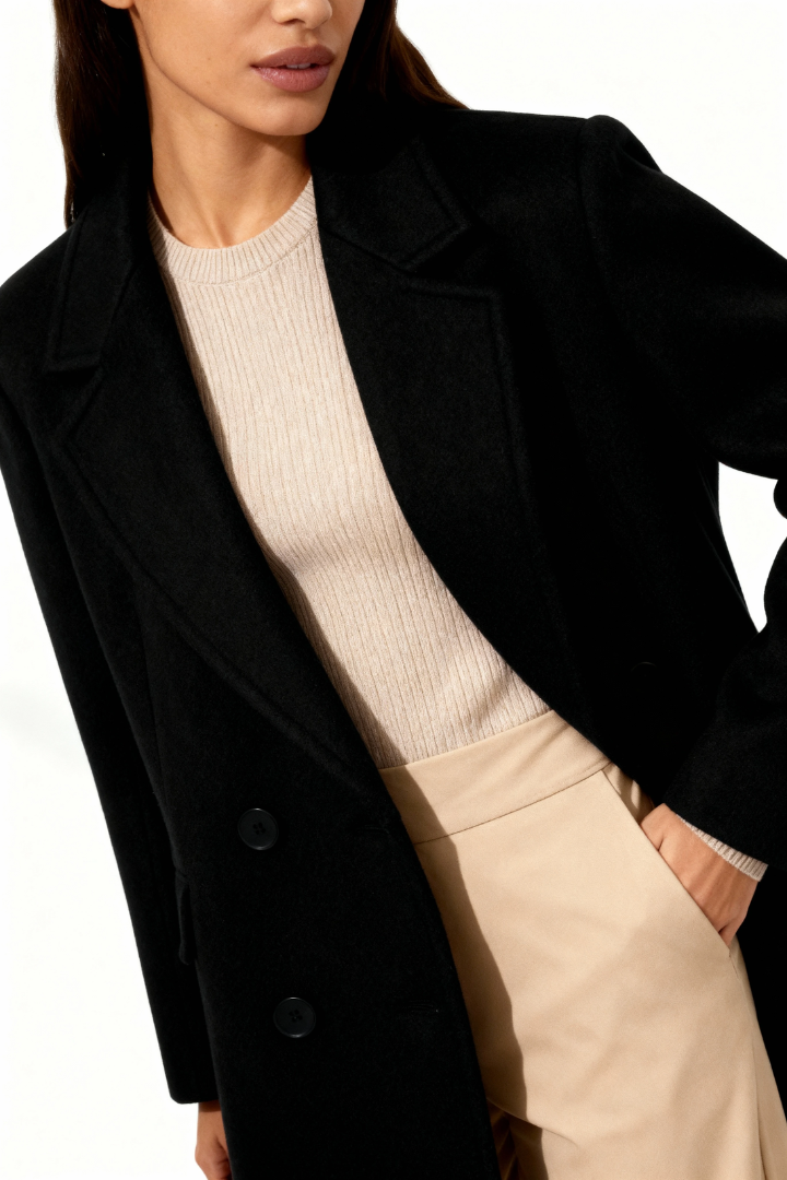Margo & Main – Esme black double-breasted longline wool coat, close-up of lapel and buttons on model, US women's sizes