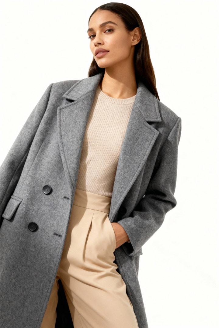 Margo & Main – Esme grey double-breasted longline wool coat, three-quarter front view with hand in trouser pocket, US women's sizes