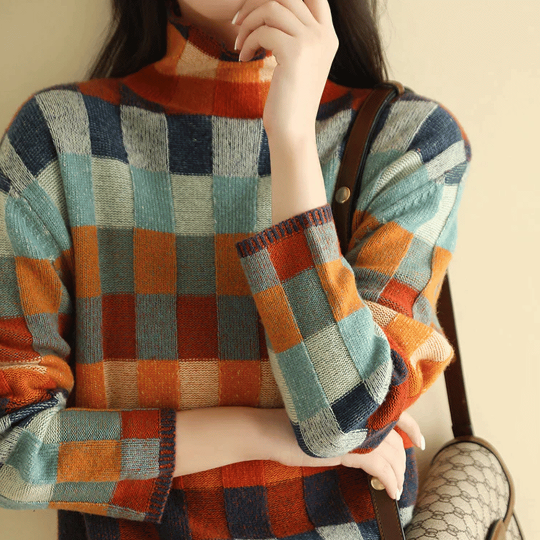 Margo & Main - color block turtleneck sweater, front view with handbag, US women's sizes