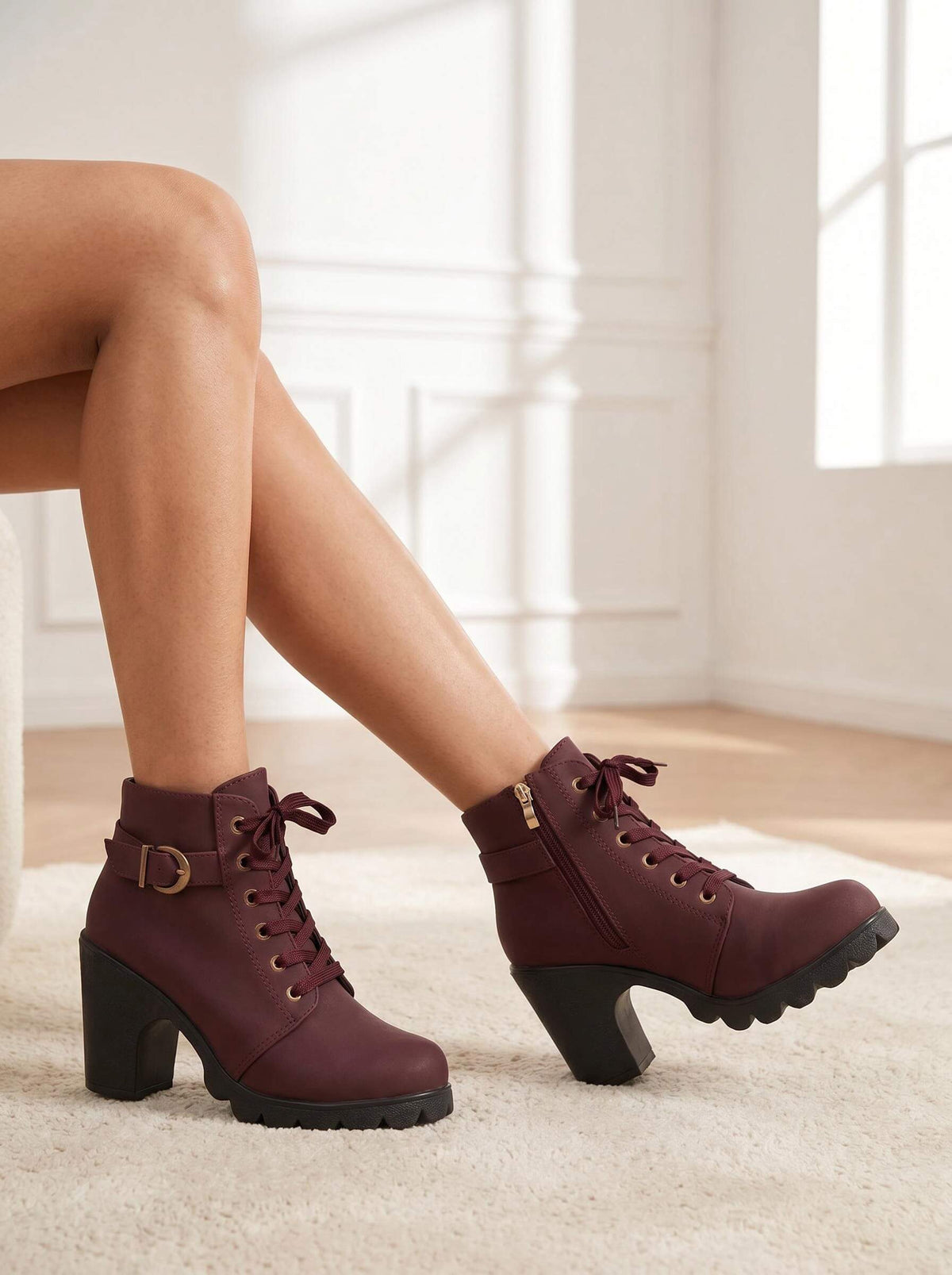 Margo & Main – Burgundy lace-up lug sole ankle boots worn on model seated, US women's sizes