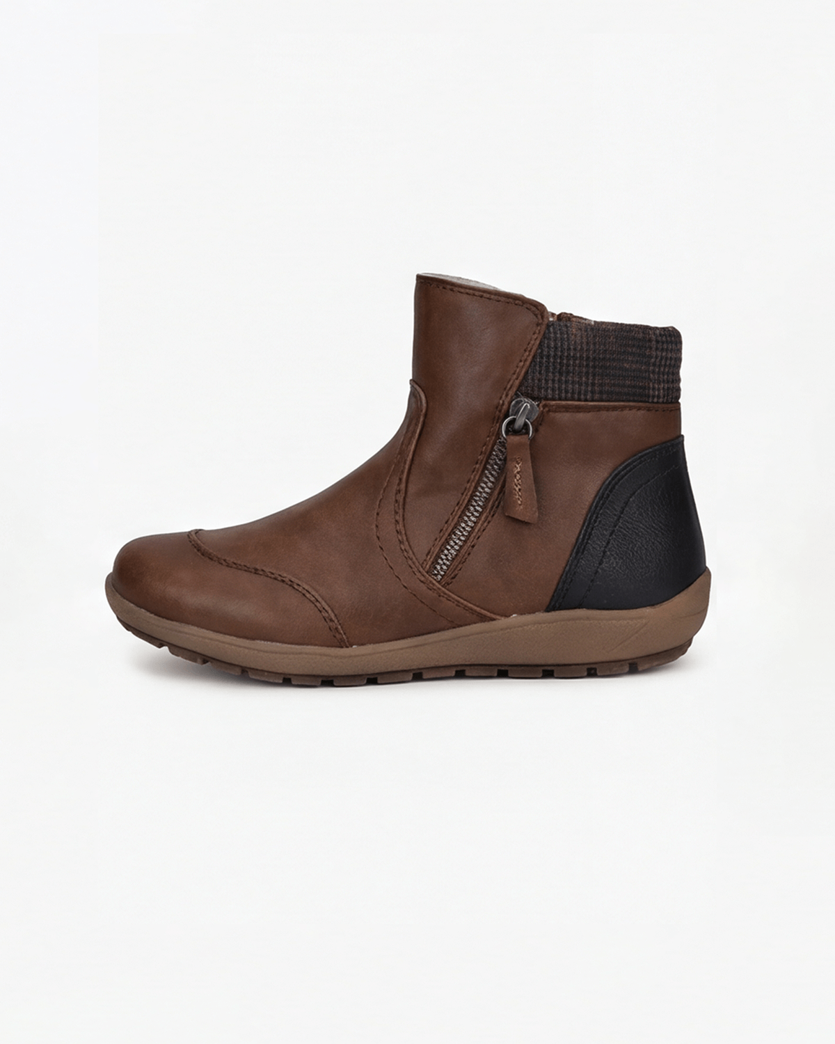 Margo & Main – Brown flat knit-collar ankle boots side profile, US women's sizes