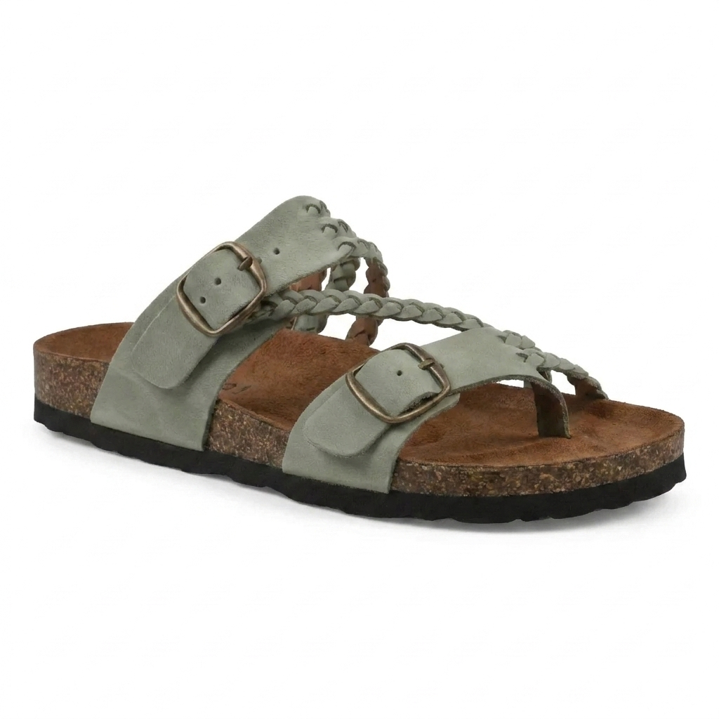 Margo & Main - beige braided cork sandals toe loop and footbed close-up, US women's sizes