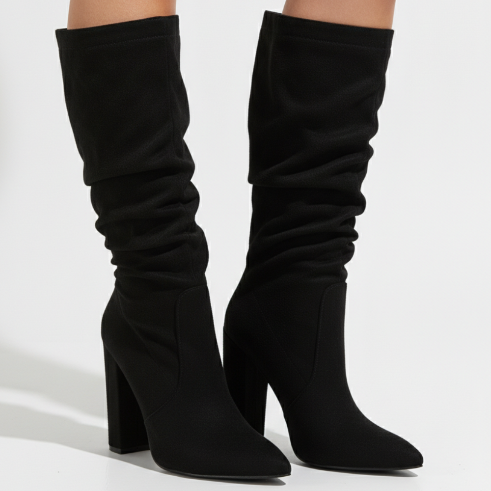 Margo & Main - black slouch knee-high boots worn, pointed toe front view, US women's sizes