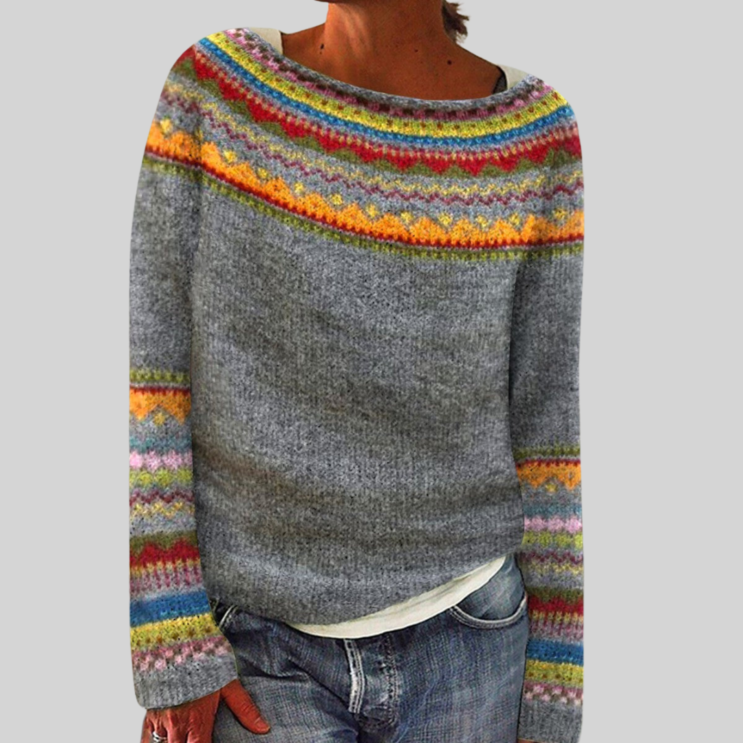 Margo & Main – gray Nordic yoke marled pullover sweater full front view, US women's sizes