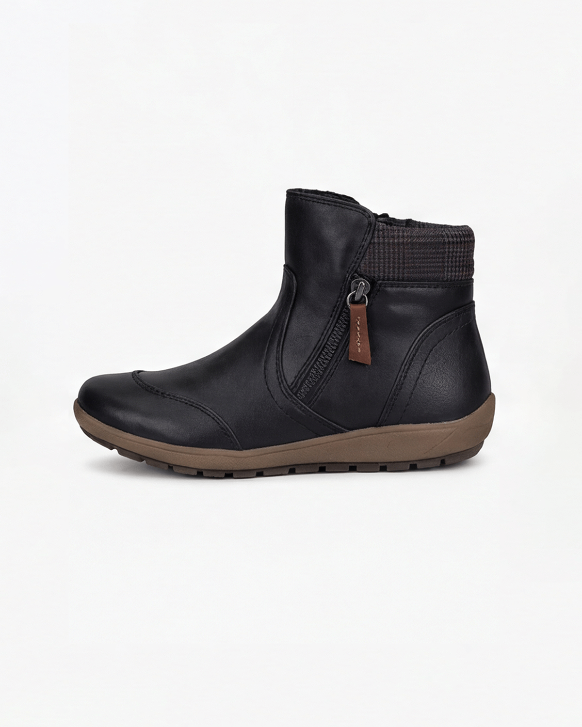 Margo & Main – Black flat knit-collar ankle boots side profile, US women's sizes