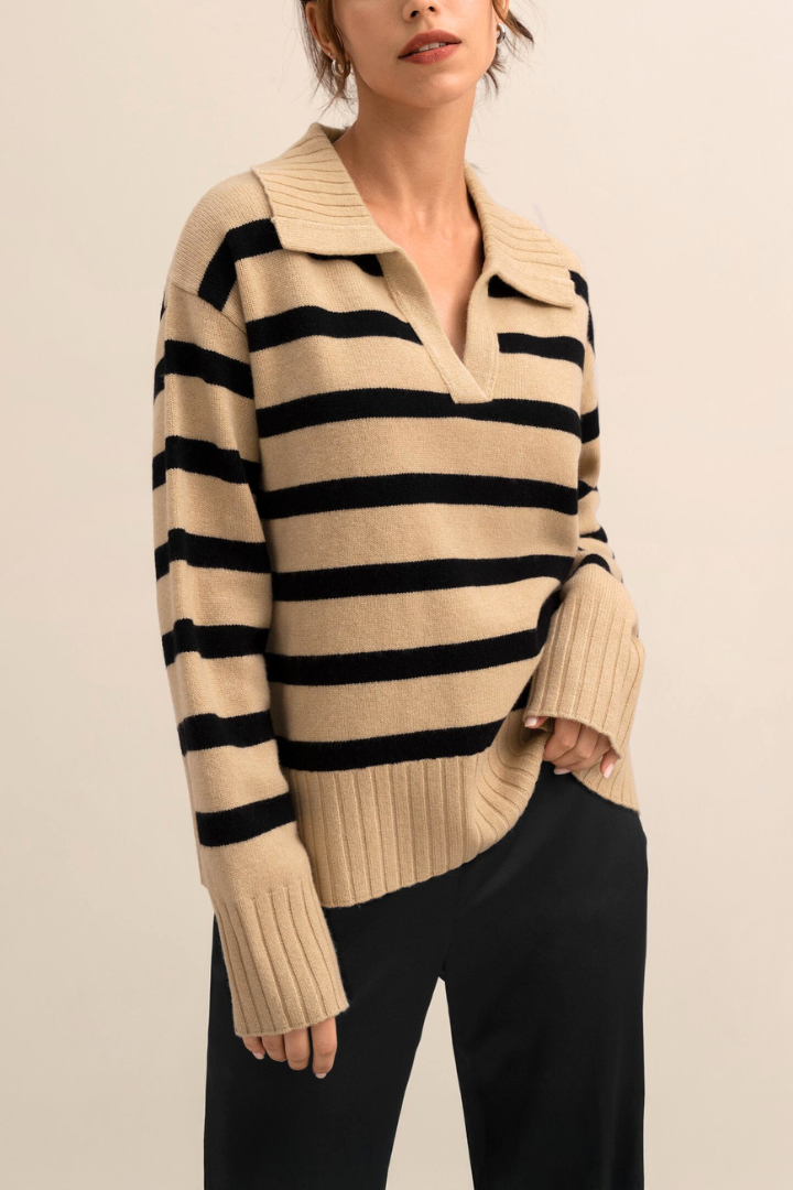 Margo & Main – camel striped collared V-neck sweater front view, US women's sizes