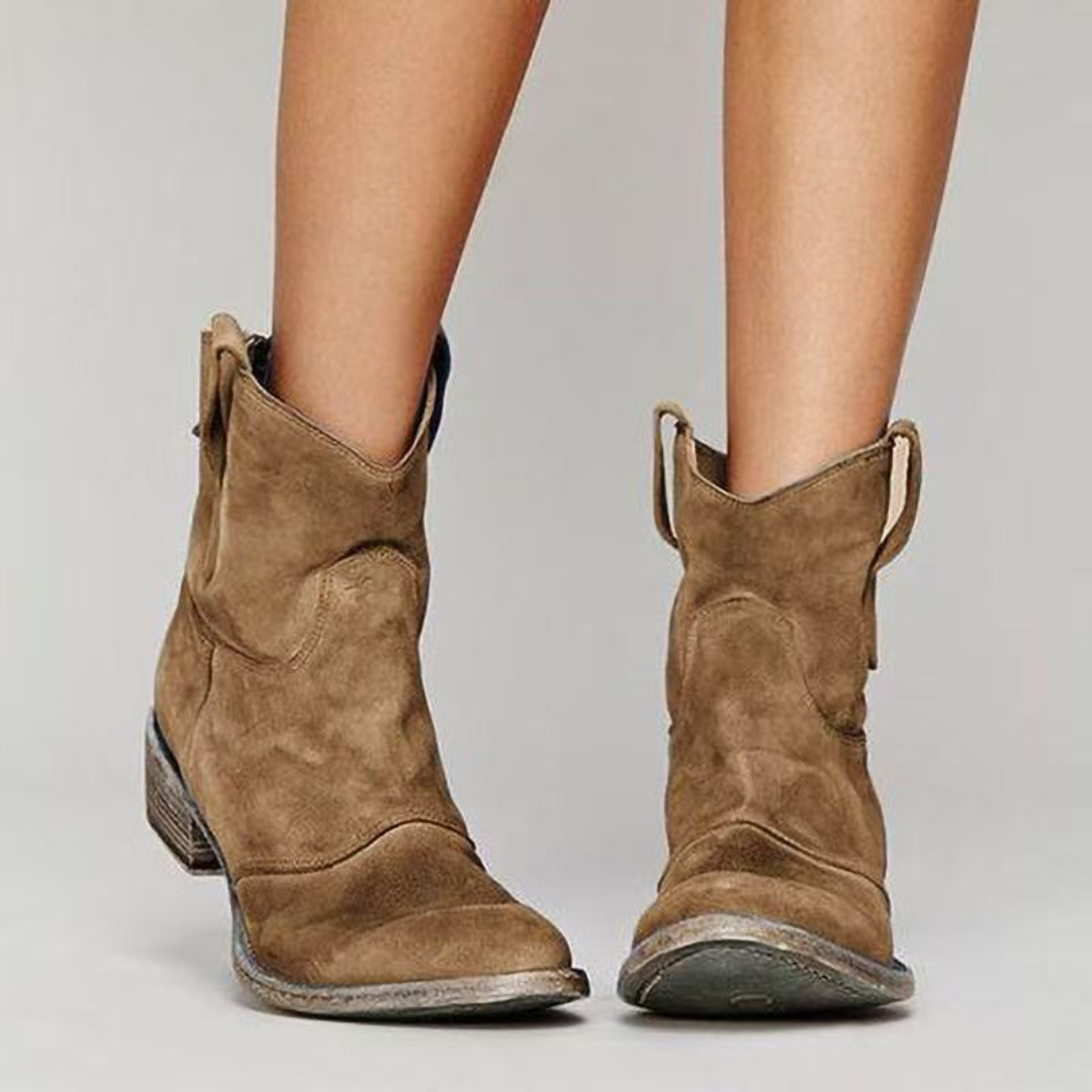 Margo & Main – brown washed suede western booties, slouchy shaft and toe cap, US women's sizes