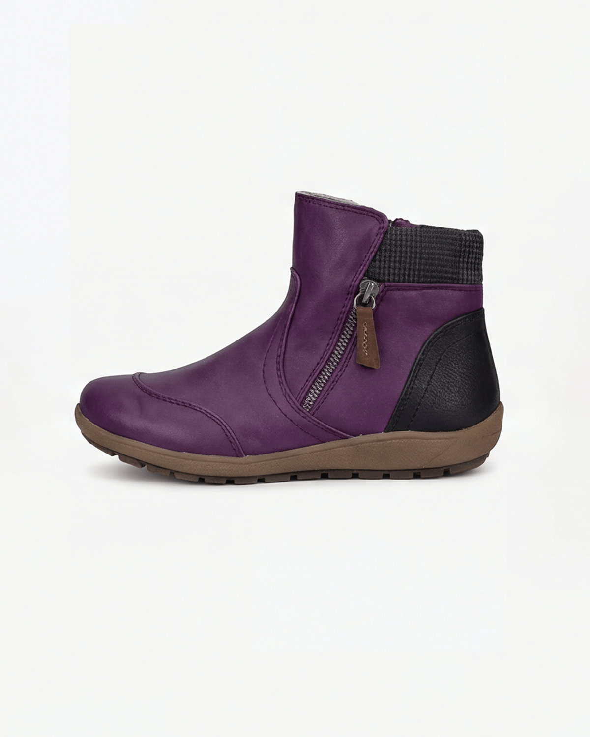 Margo & Main – Purple flat knit-collar ankle boots side profile, US women's sizes