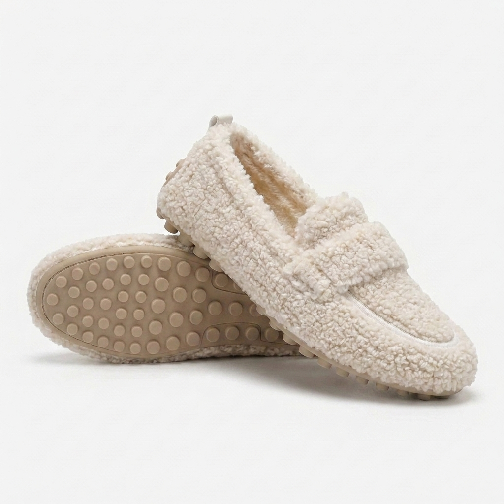 Margo & Main – plush sherpa driving loafers, angled view, US women's sizes