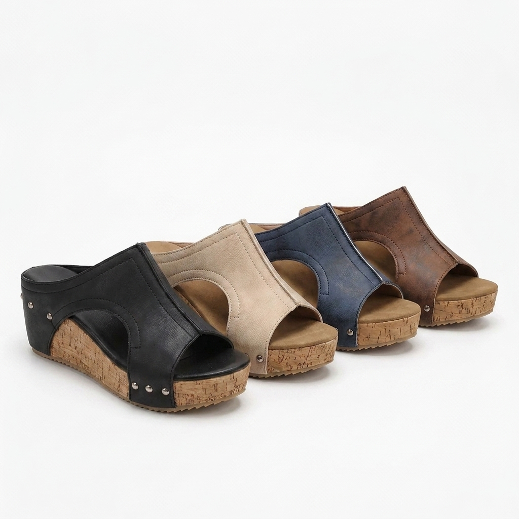 Margo & Main - cork wedge slide sandals in all four colourways lined up, US women's sizes