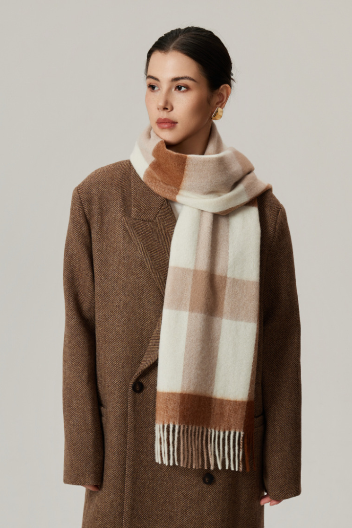 Margo & Main - caramel checked wool scarf for women, side view looped over a coat, one size
