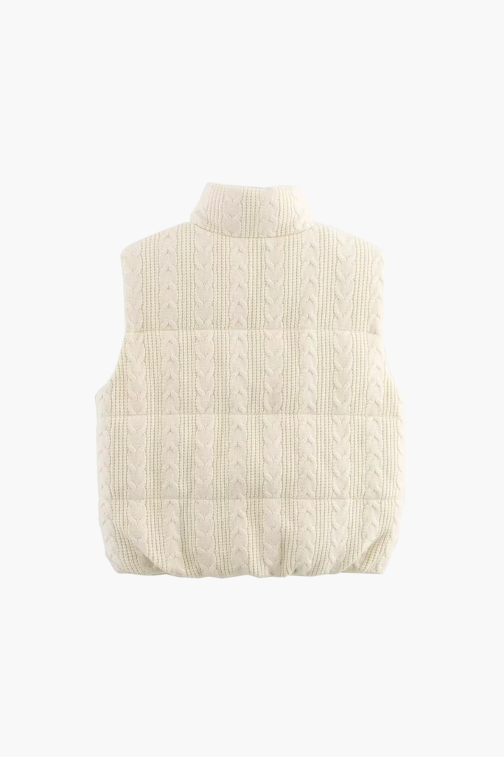 Margo & Main – Vigdis cream cable-knit quilted puffer vest, flat product shot back showing quilted panels, US women's sizes