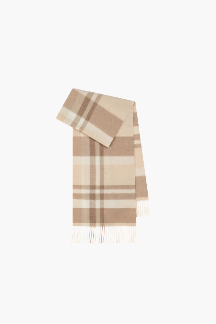 Margo & Main - sandstone checked wool scarf folded flat to show the full plaid weave, one size