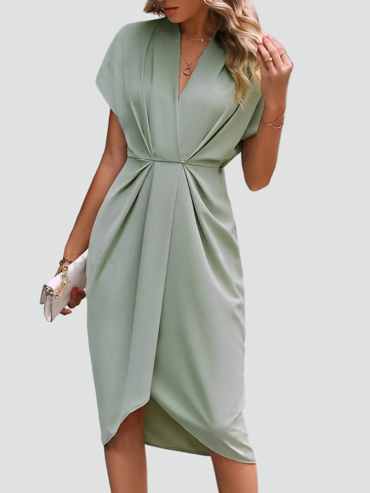 Margo & Main - sage green wrap midi dress, full front view on model, US women's sizes
