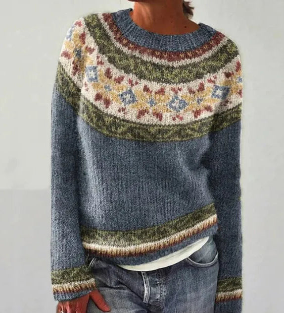 Margo & Main – gray Nordic yoke marled pullover sweater floral yoke detail view, US women's sizes