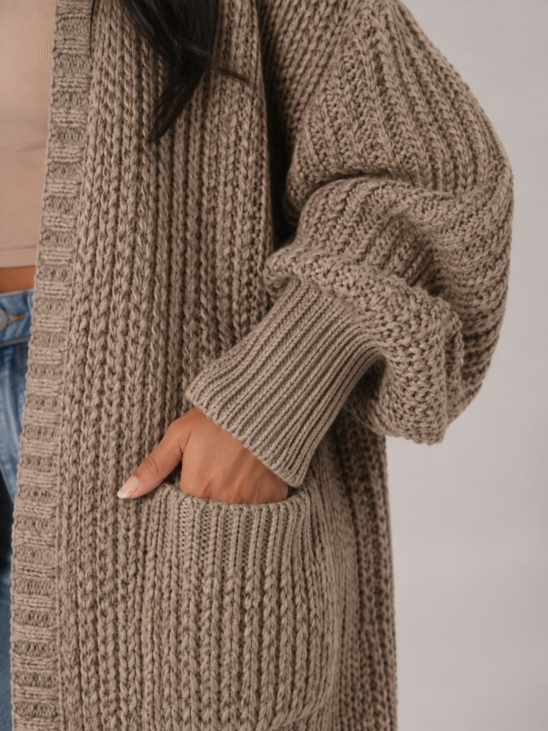 Margo & Main - brown knit cardigan, patch pocket and ribbed cuff, US women's sizes