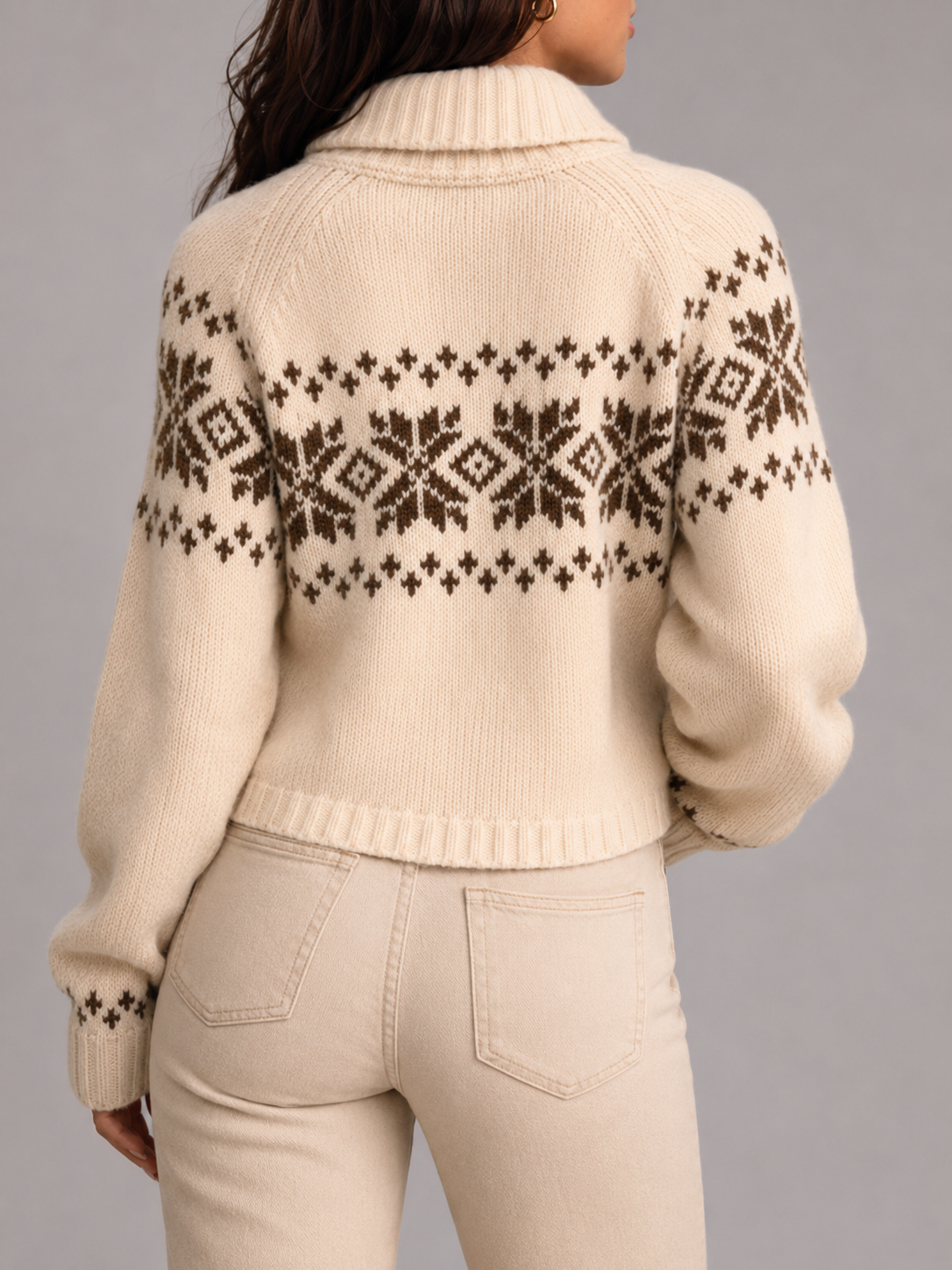 Margo & Main – beige Fair Isle zip cardigan back view of the snowflake yoke, US women's sizes