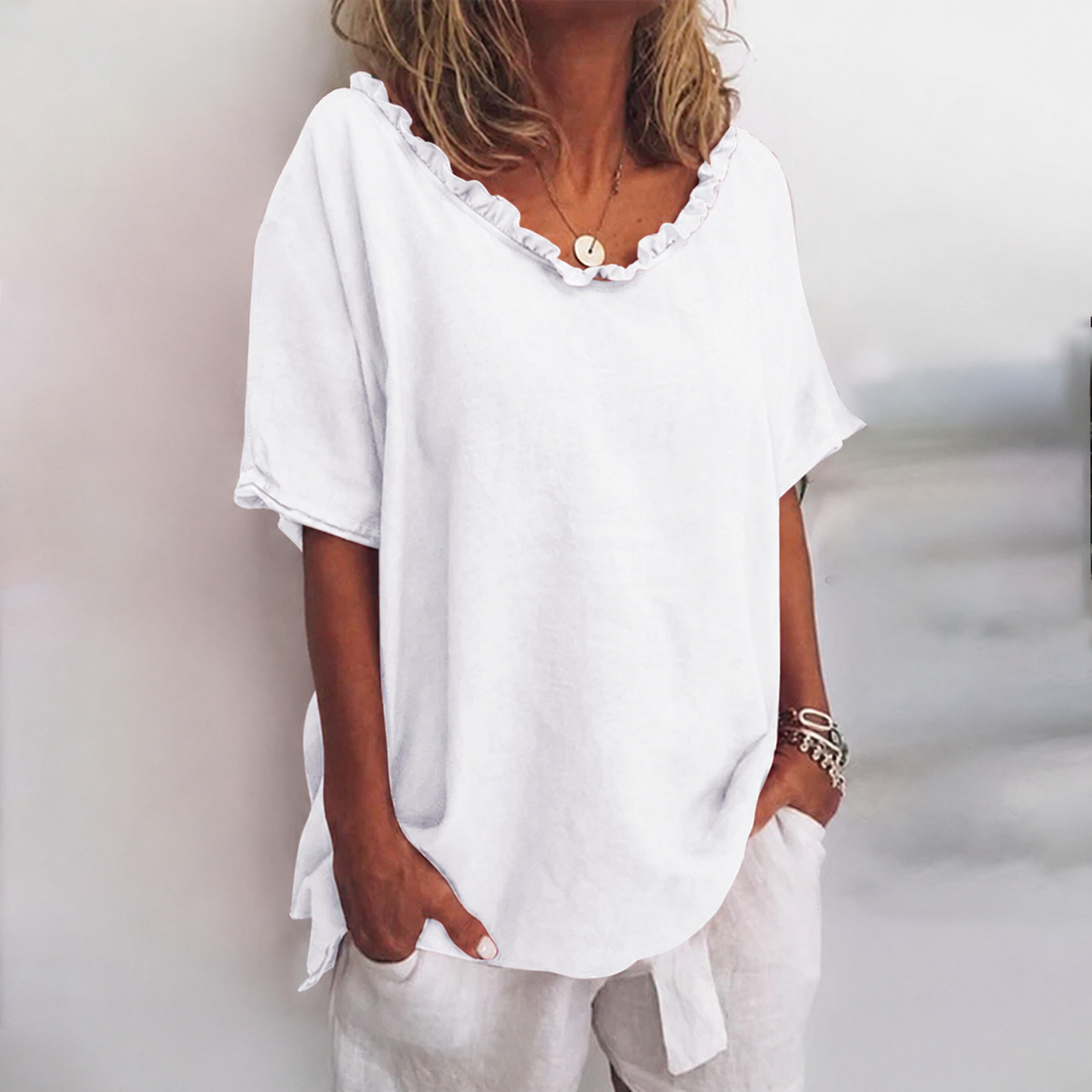 Celeste Ruffle Neck Linen Blouse