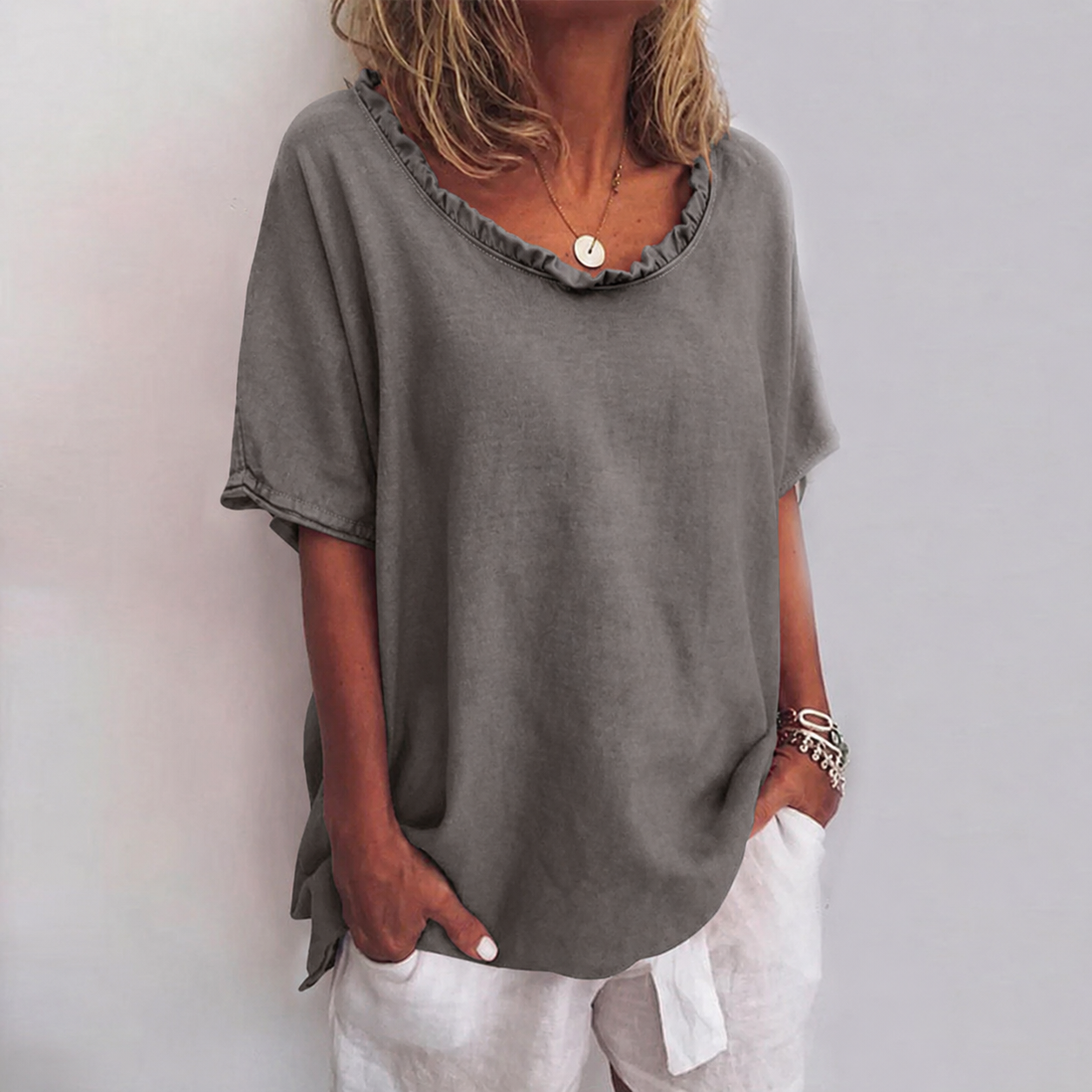 Celeste Ruffle Neck Linen Blouse