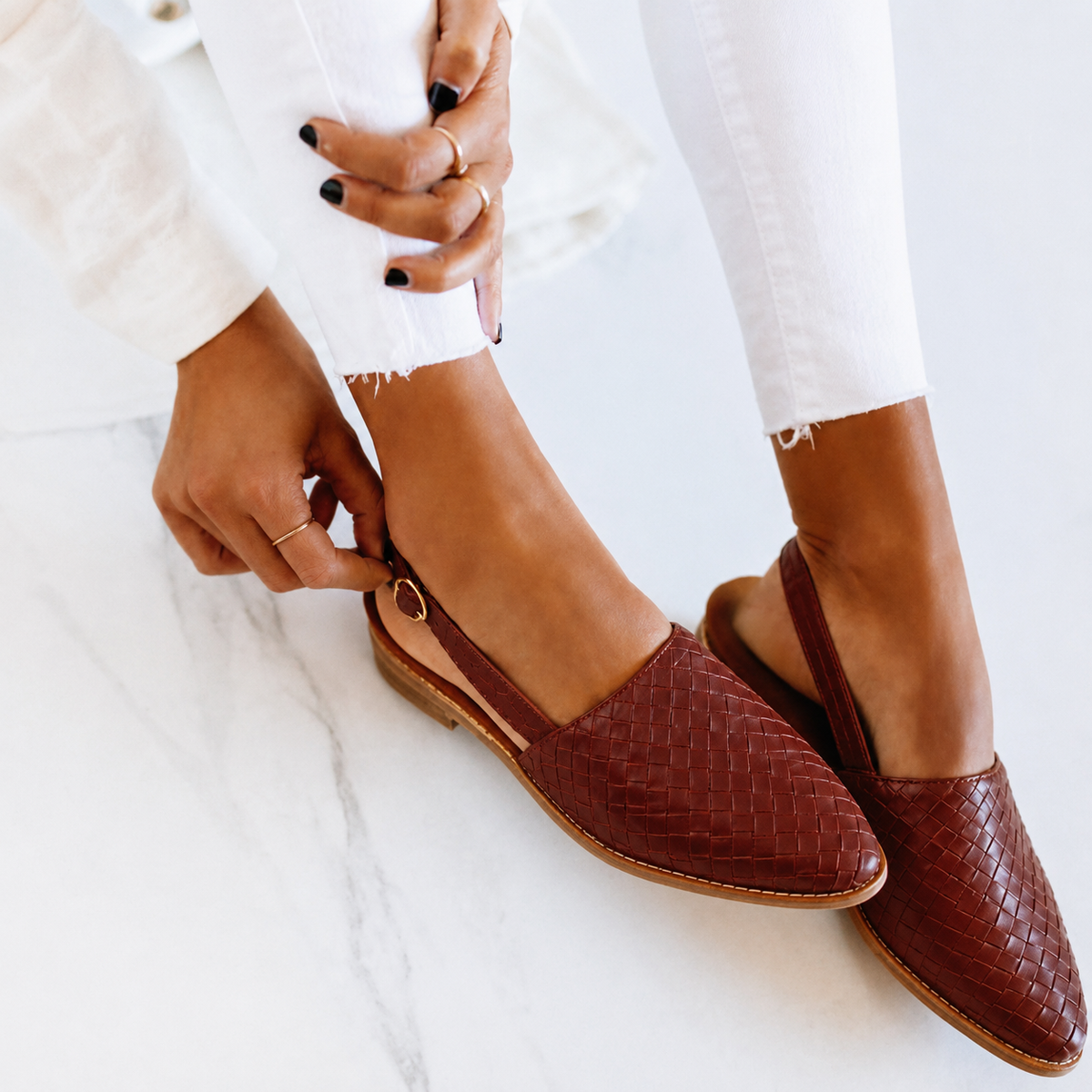 Margo & Main – brown woven vegan leather pointed slingback flats, front view, US women's sizes