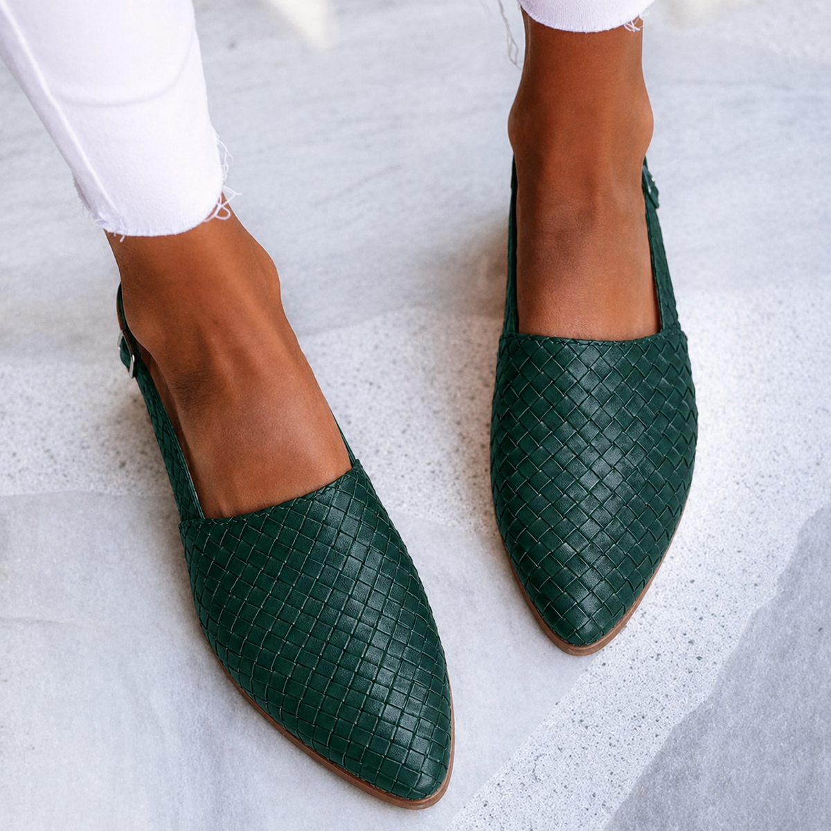 Margo & Main – green woven vegan leather pointed slingback flats, top view, US women's sizes
