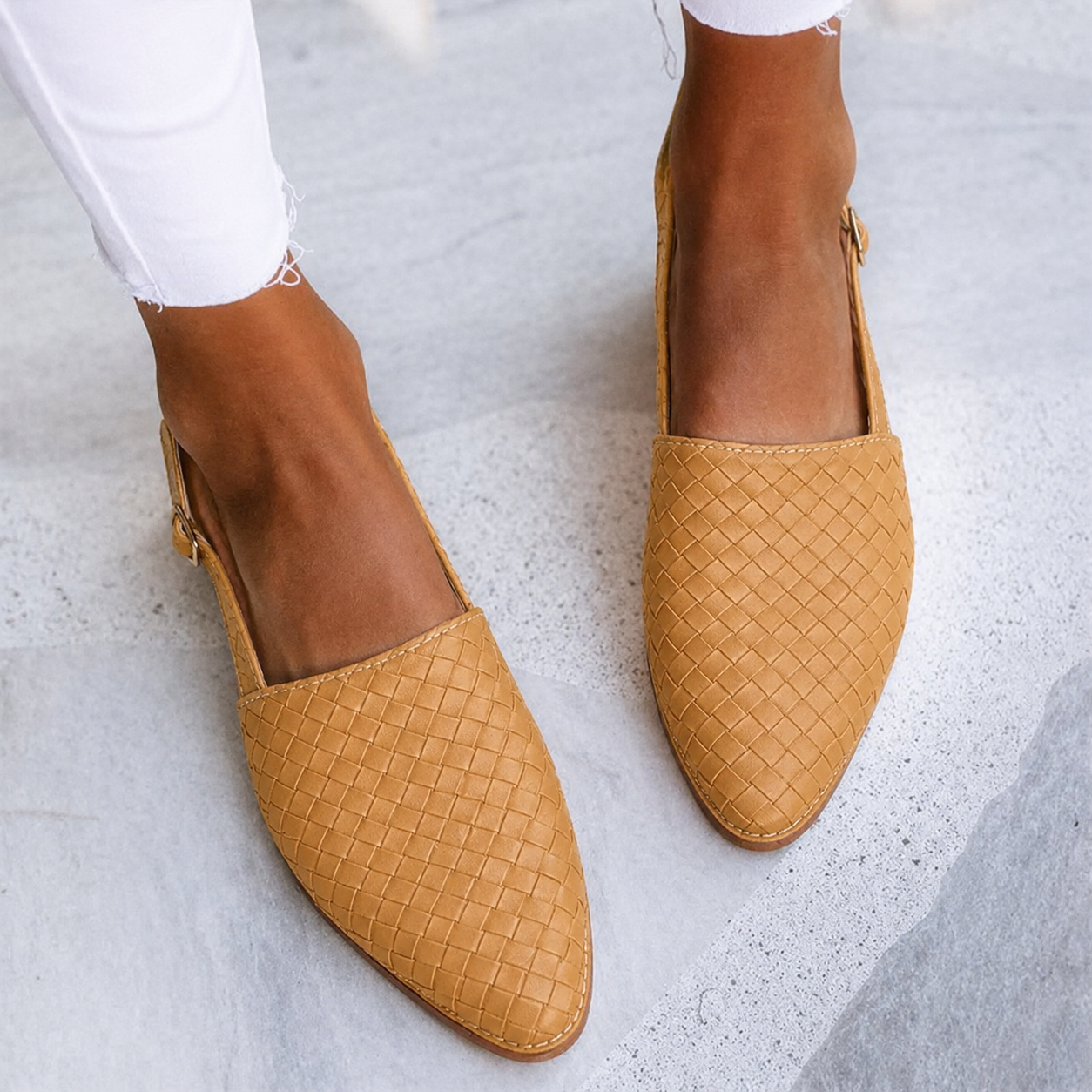 Margo & Main – tan woven vegan leather pointed slingback flats, weave detail, US women's sizes