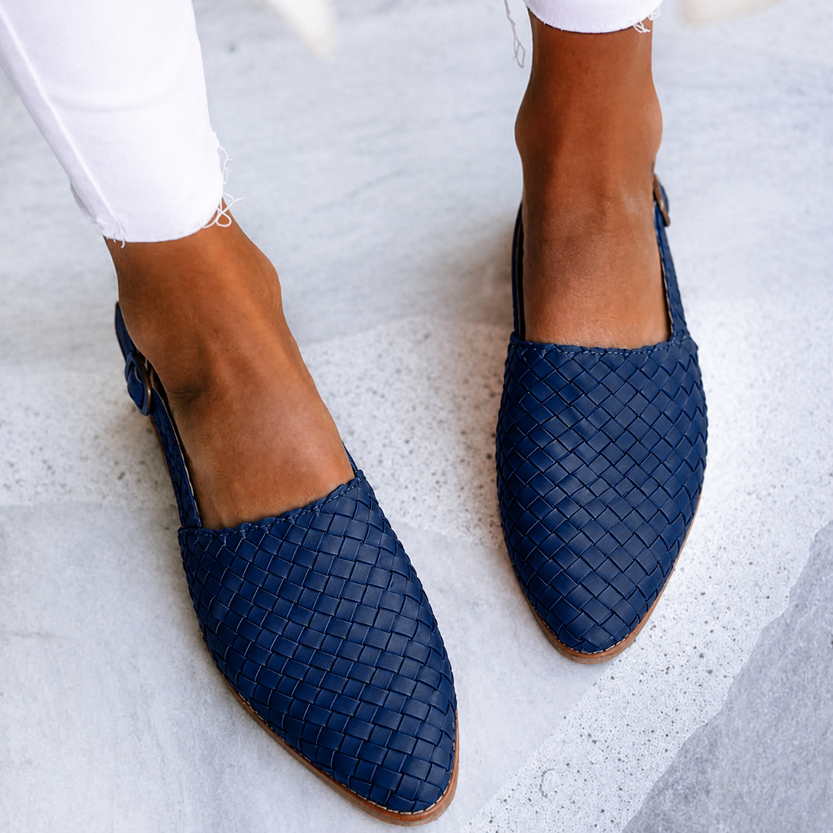 Margo & Main – navy woven vegan leather pointed slingback flats worn, US women's sizes