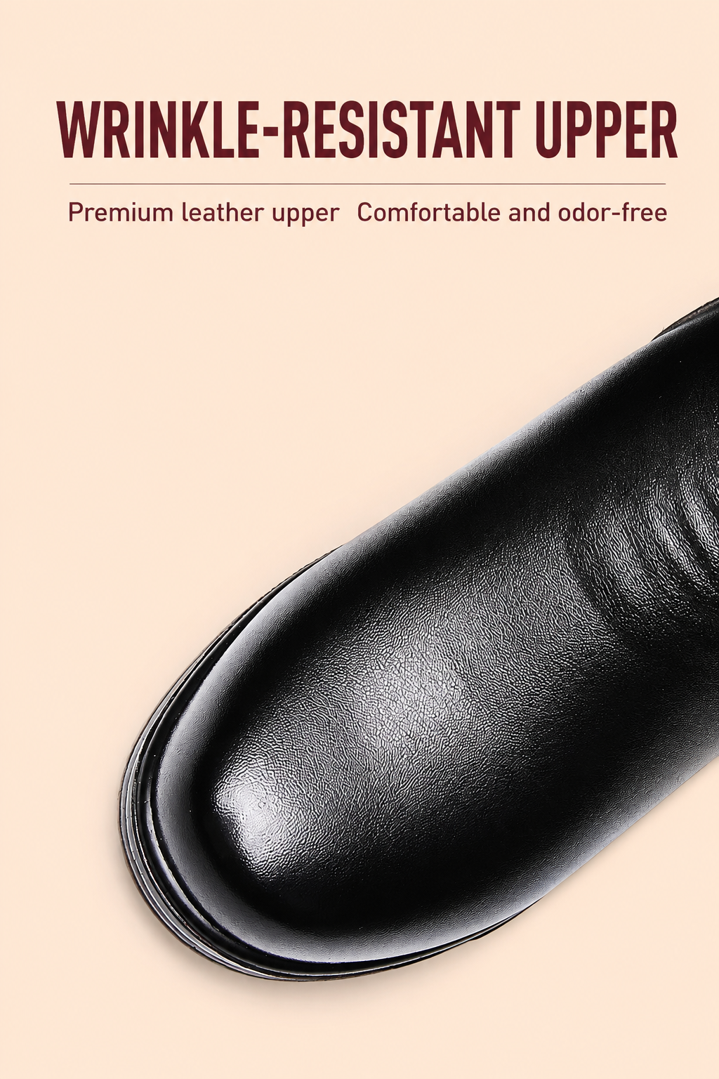 Margo & Main – Tilda black leather ankle boots, labelled close-up of the smooth wrinkle-resistant leather toe, US women's sizes