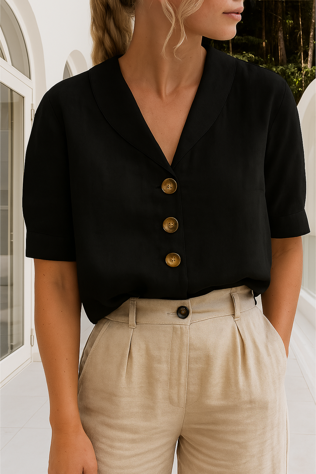 Carol Linen Blend Button Blouse