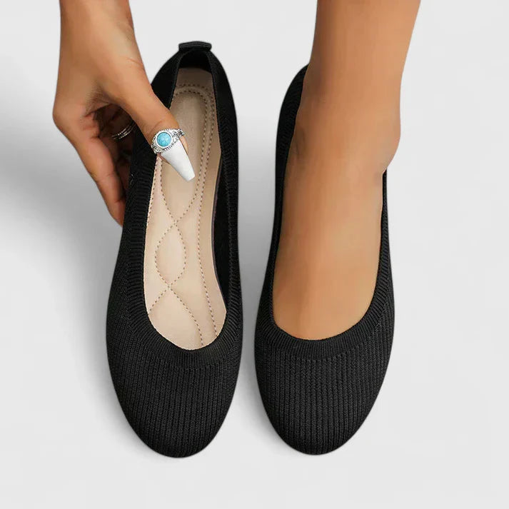 Margo & Main – black knit slip-on ballet flats, top view with insole, US women's sizes