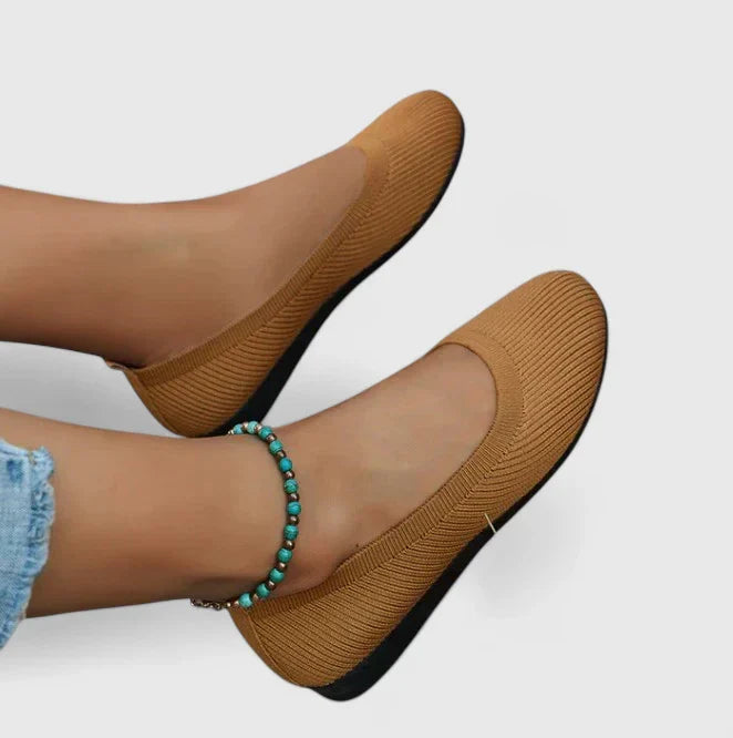 Margo & Main – brown knit slip-on ballet flats worn on foot, angled view, US women's sizes