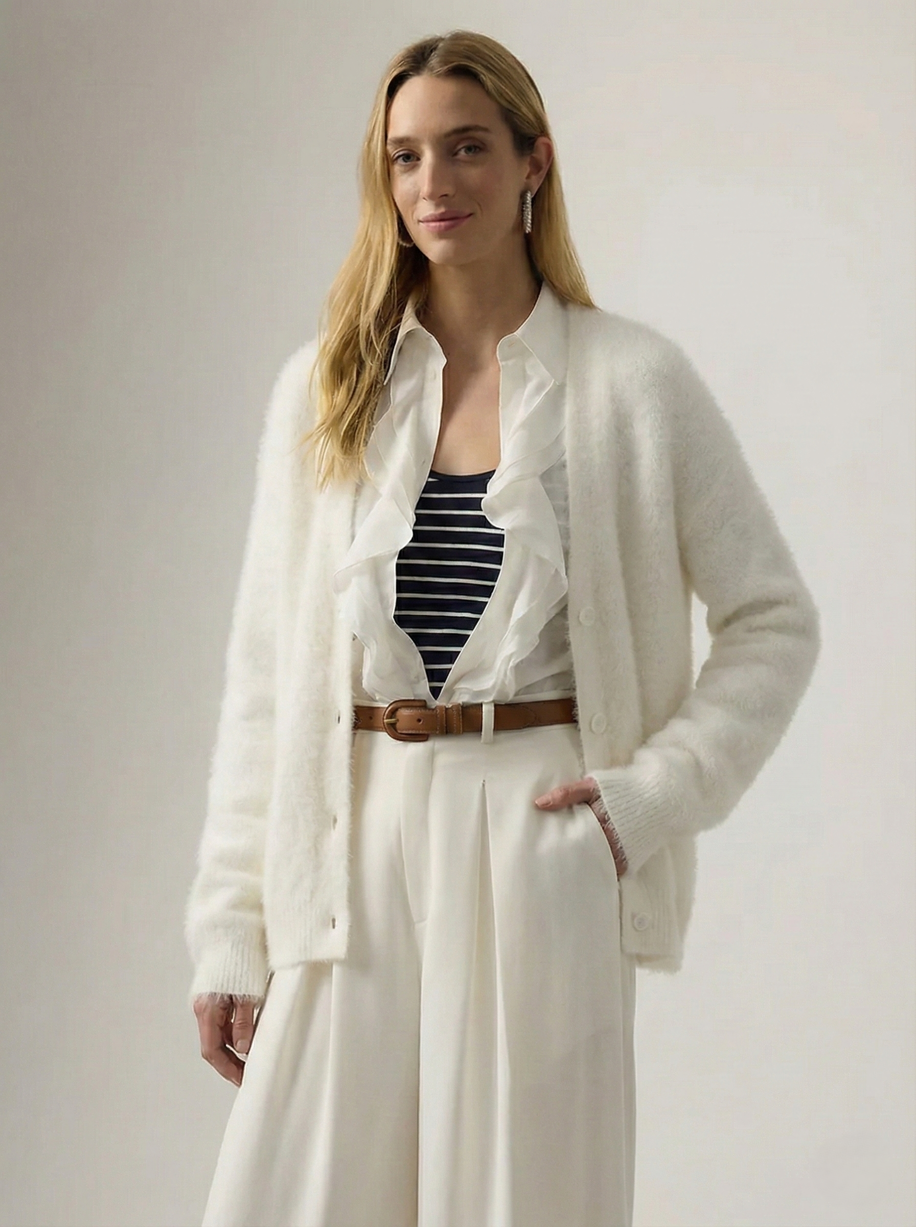 Margo & Main – cream brushed knit oversized cardigan layered styled look, US women's sizes