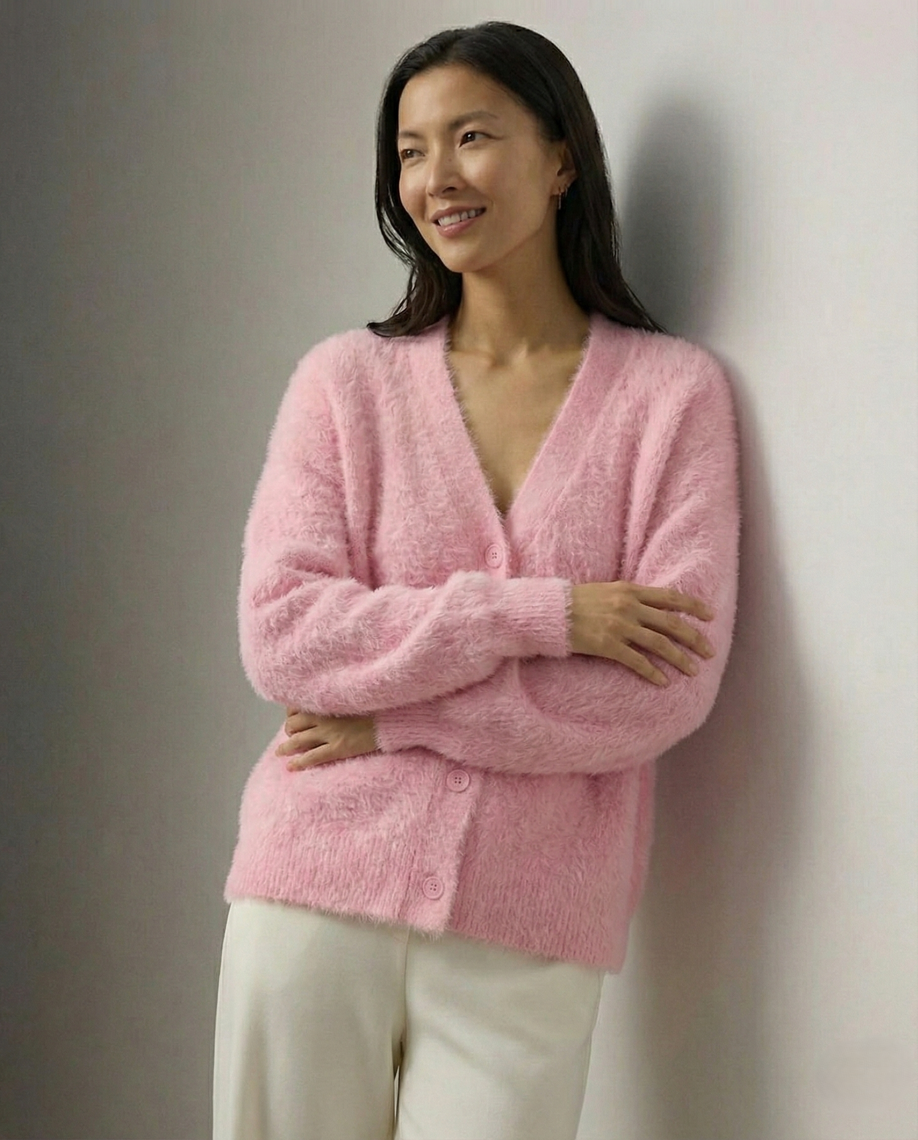Margo & Main – pink brushed knit oversized cardigan relaxed front view, US women's sizes