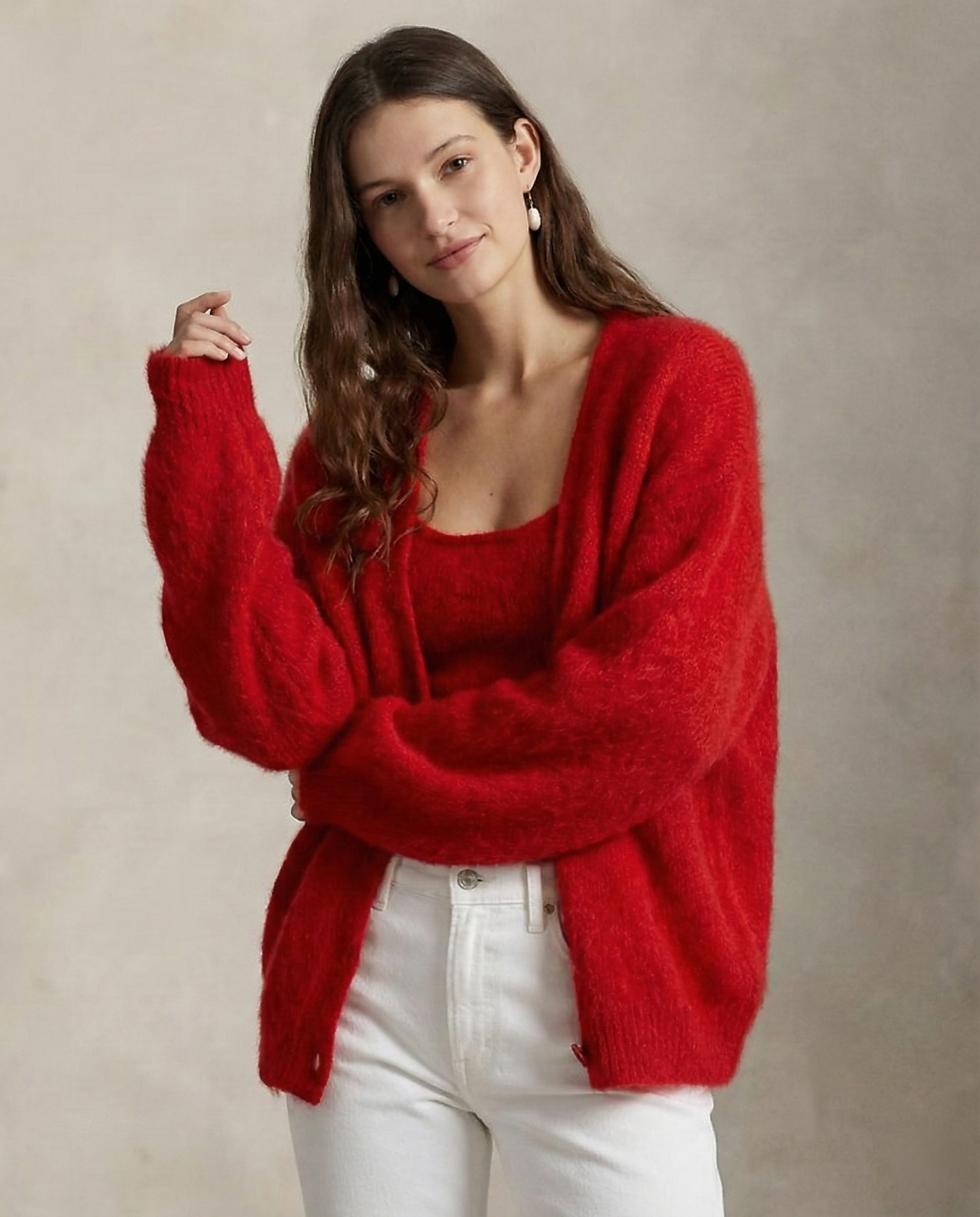 Margo & Main – red brushed knit oversized cardigan layered front view, US women's sizes
